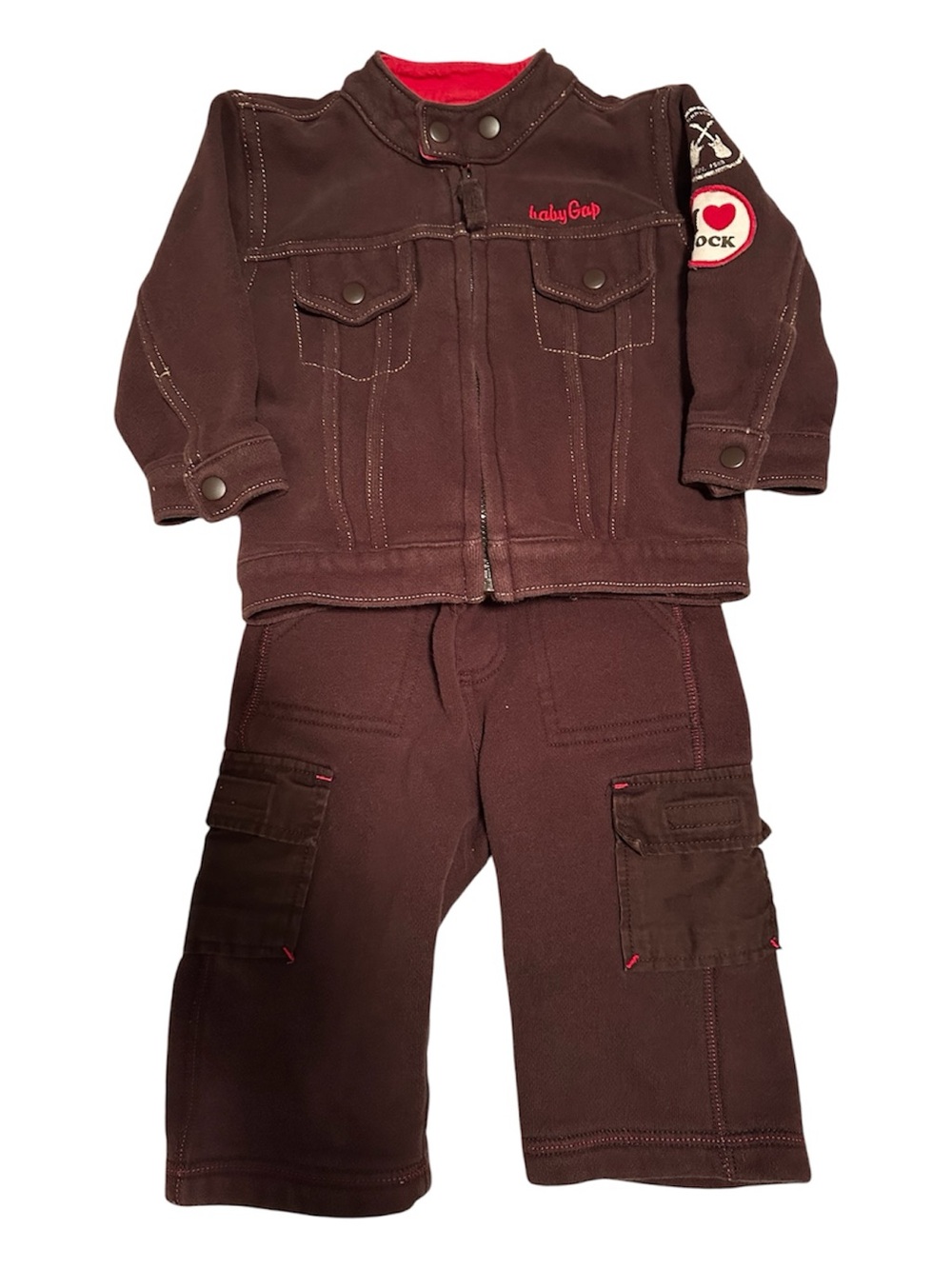 GAP Brown Cargo Fleece Jacket and Pants Set with Red Lining-Size 6-12M